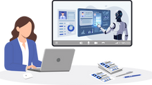 Woman at laptop with a virtual screen showing a robot handling job applications. Papers and pens on table. Blue tones create a tech vibe.