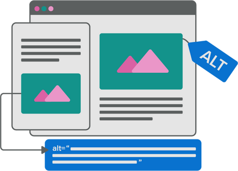 Illustration of a webpage and mobile screen with image placeholders and an ALT tag, showing accessible web design concept