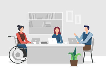 Illustration of three people, one of which is in a wheel chair, sitting at a long table with laptops in front of a book case/office setting.