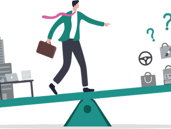 Businessman balancing on a seesaw between city office buildings and shopping icons, with question marks suggesting uncertainty