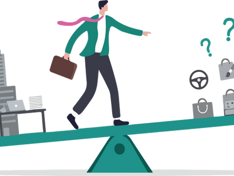 Businessman balancing on a seesaw between city office buildings and shopping icons, with question marks suggesting uncertainty