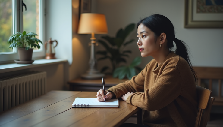 Eye-level view of a person speaking aloud in a quiet room with a notebook on the table