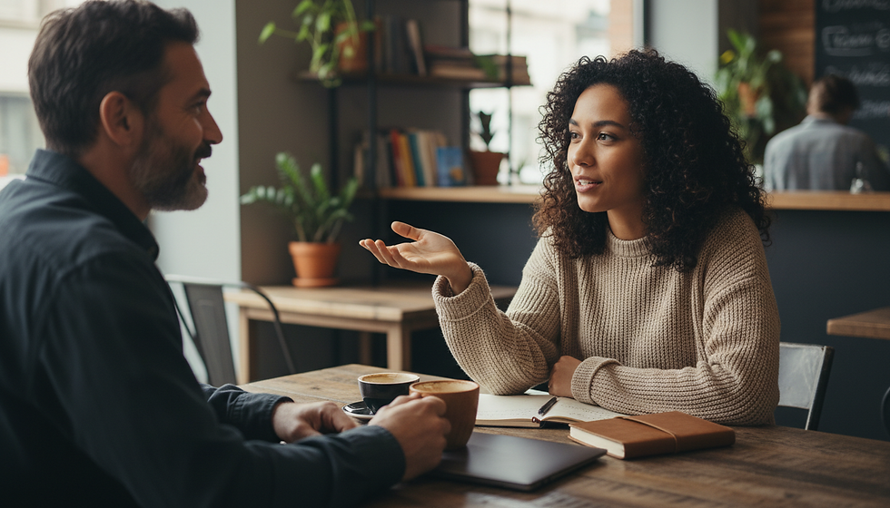Eye-level view of a person speaking confidently in a small group conversation