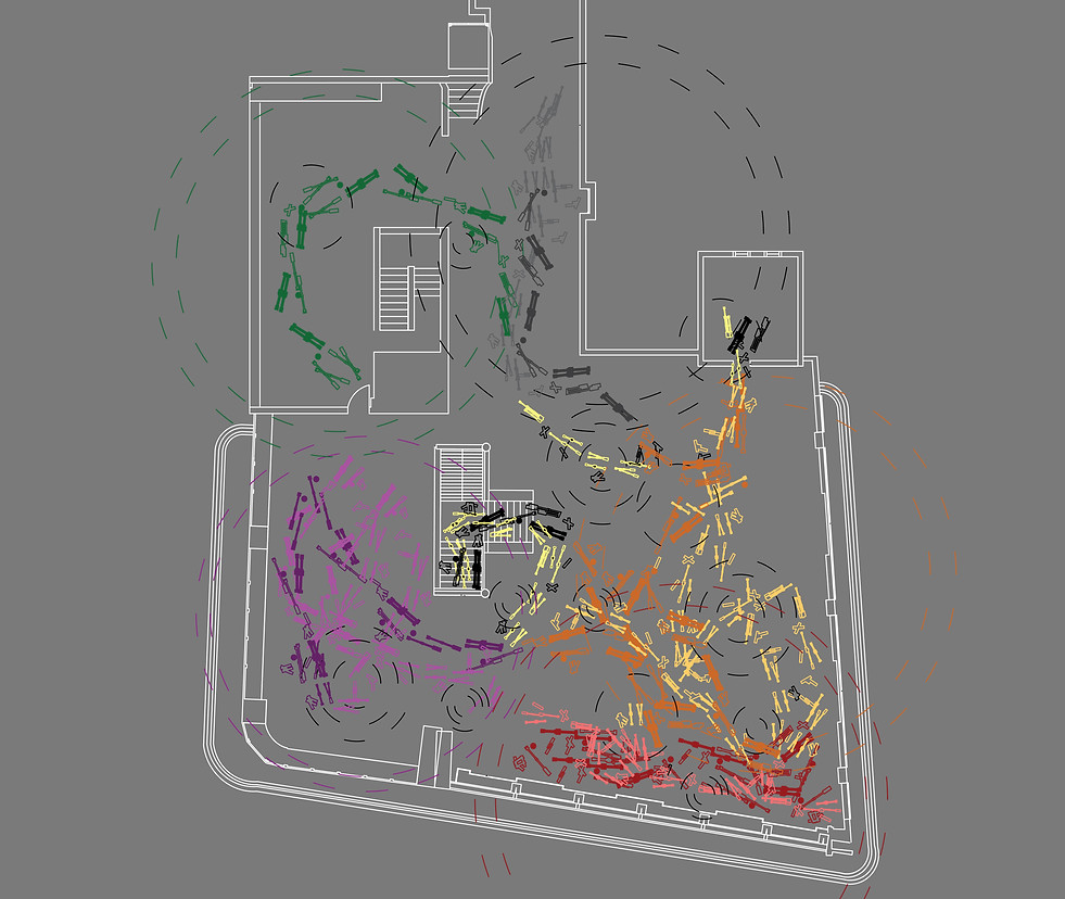 Diagram showing movements of older people and children on a quite day, along with sound projections at different zones of the site. The third 1.10 zoomed-in spatial notation was taken from diagram 3.