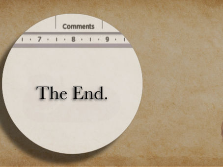 The End manuscript page on parchment background marking the moment of finishing a first draft