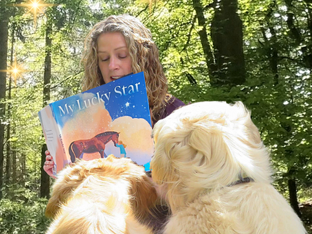 Author reading a children’s book to her two golden retrievers in a forest