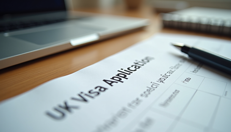Close-up of a UK visa application form with a pen on a wooden desk