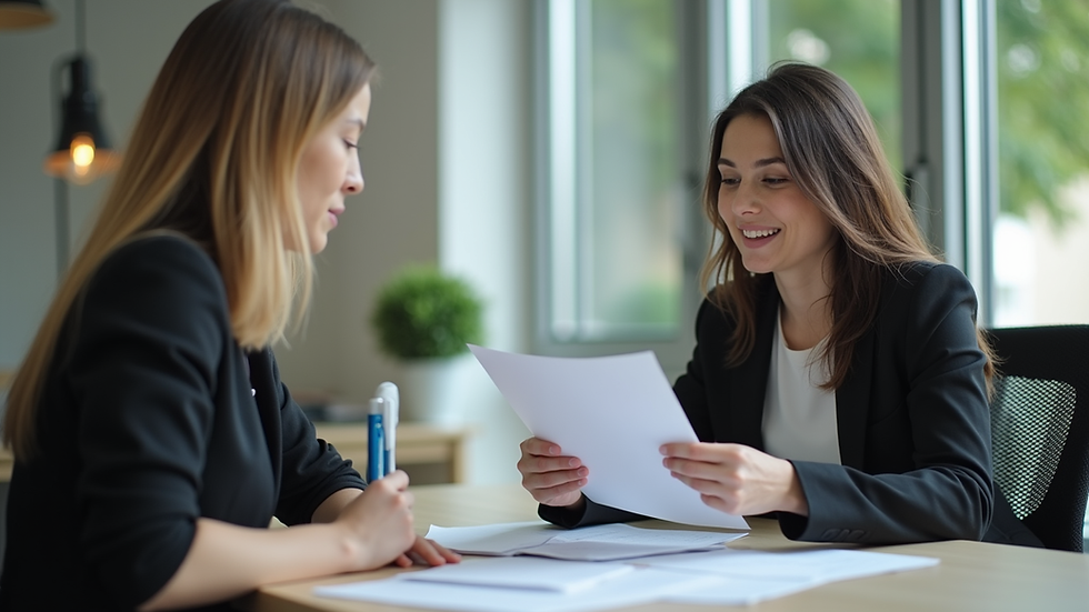 Eye-level view of a student discussing documents with a counselor in an office