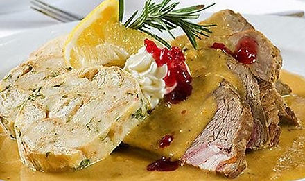 Cuisine of Czechia: Czech sirloin with cream, dumlings, cranberries and lemon