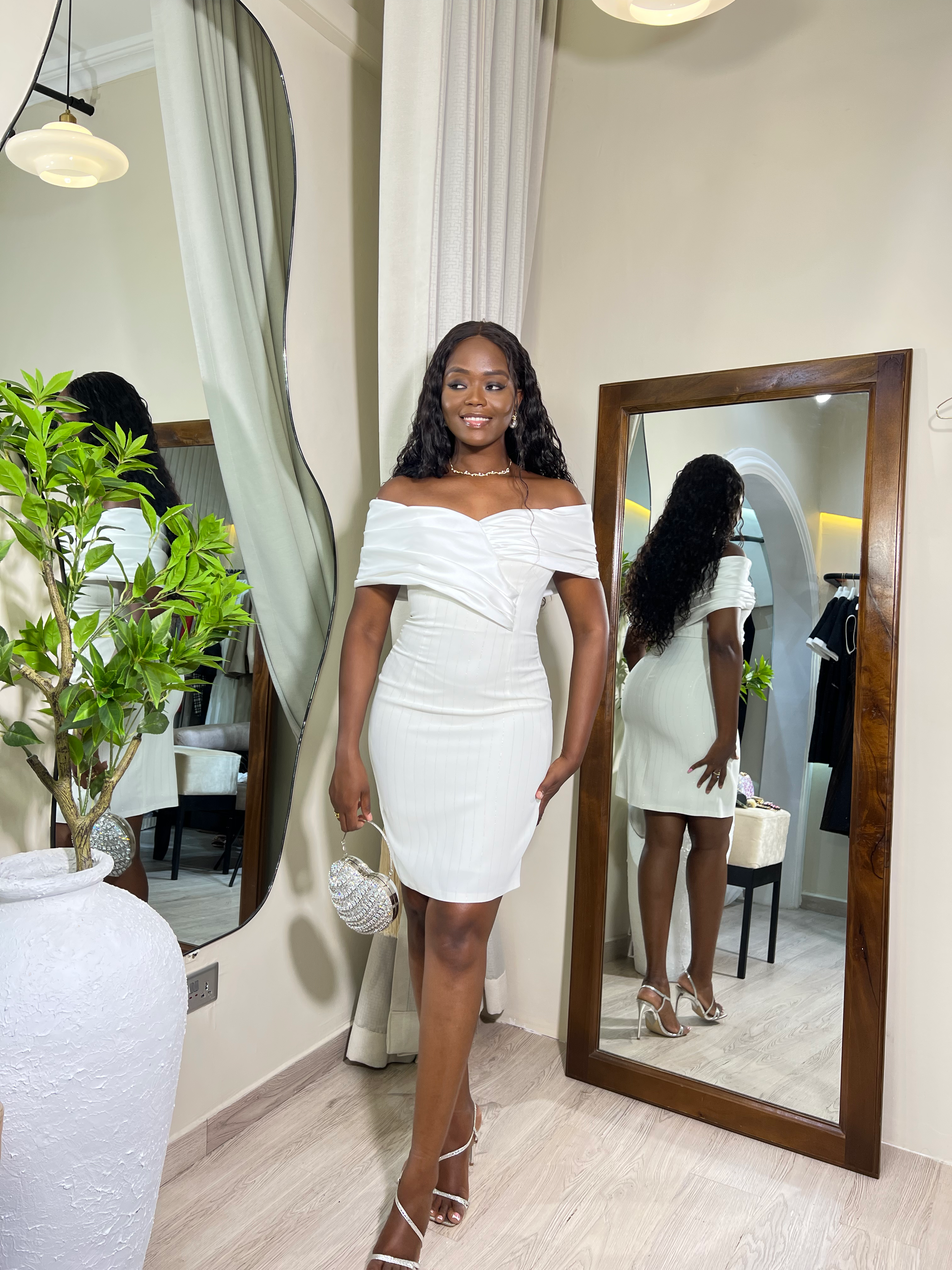 WHITE OFF-SHOULDER SILVER DETAILED DRESS