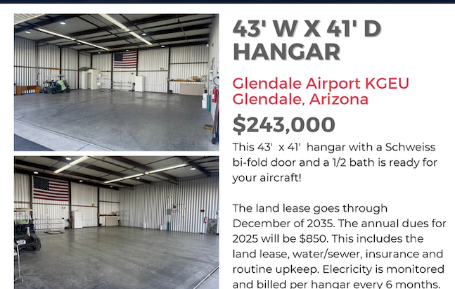 Arizona - Glendale Airport KGEU Aircraft Hangar For Sale