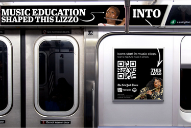 Subway ad featuring young Lizzo and current Lizzo and QR code.