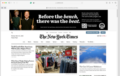 NY Times landing page with a banner of a young child and the adult version of the child as a judge, both holding drumsticks