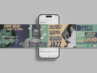Smartphone displaying Duke's District jazz event social media content.