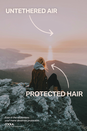 Woman with blonde hair and warm coat sitting on cliff overlooking a beautiful lake landscape with "Protected Hair" text.