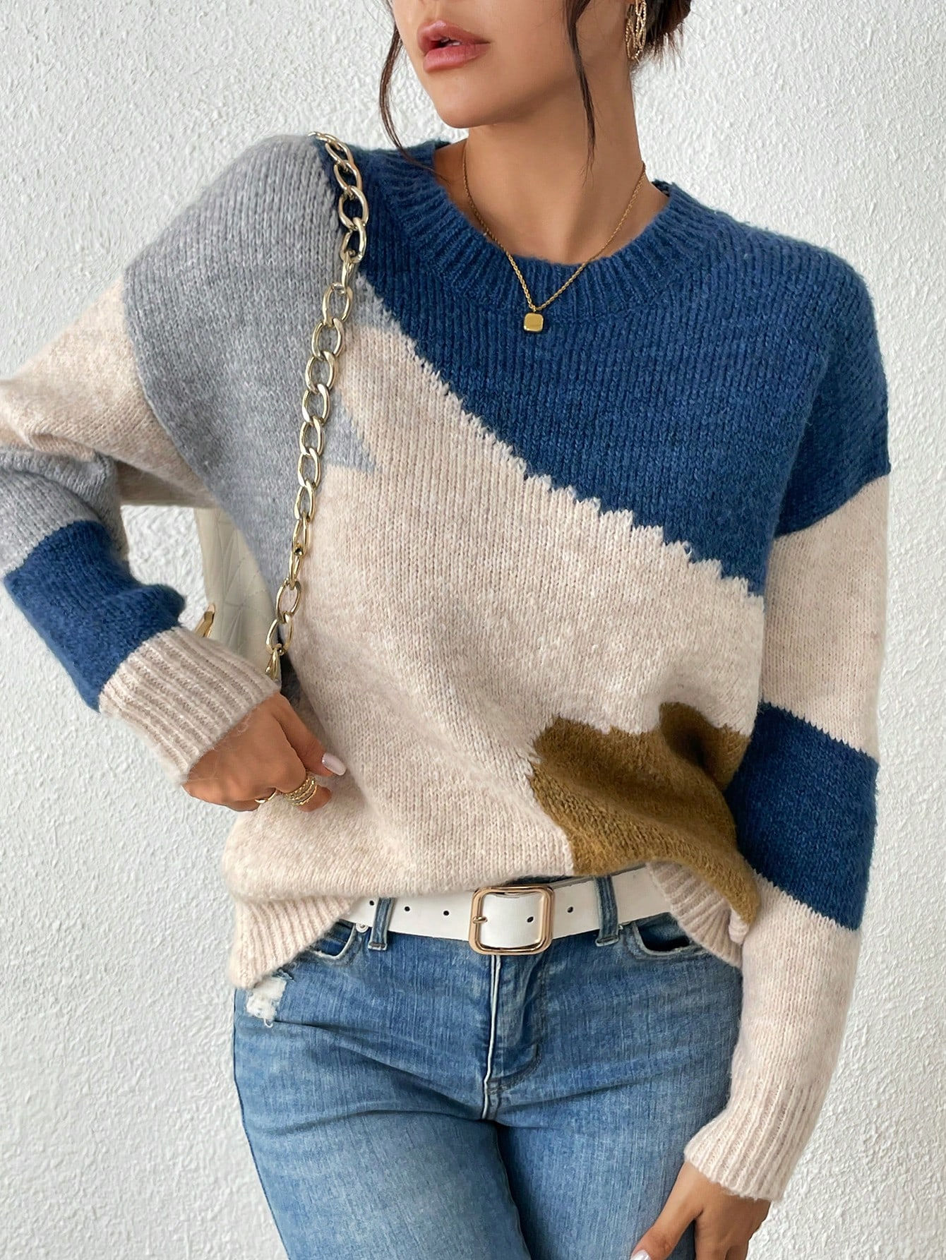 Abstract Colour-Block Knit Jumper – Soft Crew Neck Casual Sweater