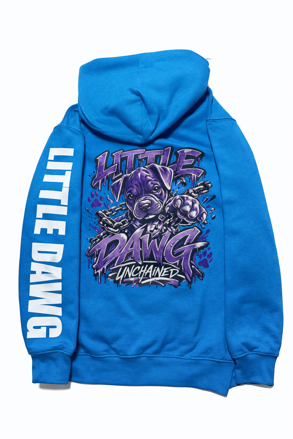 Little dog, unchained, blue hoodie