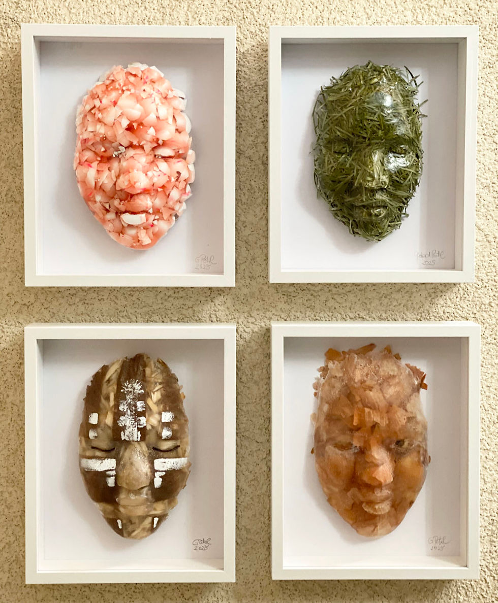 Thumbnail: A collection of four contemporary masks, framed and signed by artist Gerhard Petzl
