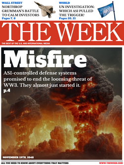 Magazine cover showing an ASI-triggered nuclear conflict with a nuclear mushroom cloud, illustrating the unintended escalation of war due to unsupervised ASI-controlled systems.