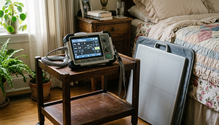 Close-up view of a mobile X-ray control panel in a home care setting.