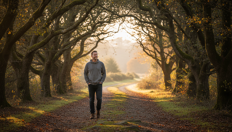 Wide-angle view of a person walking alone on a quiet nature path at sunrise.