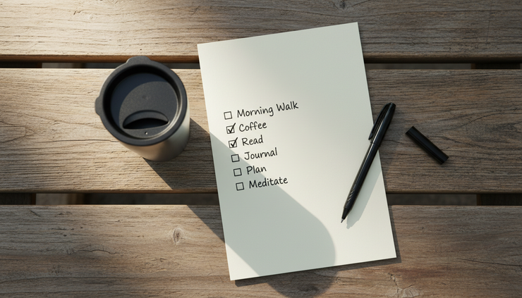 Overhead view of a handwritten checklist on a wooden bench beside a travel mug.