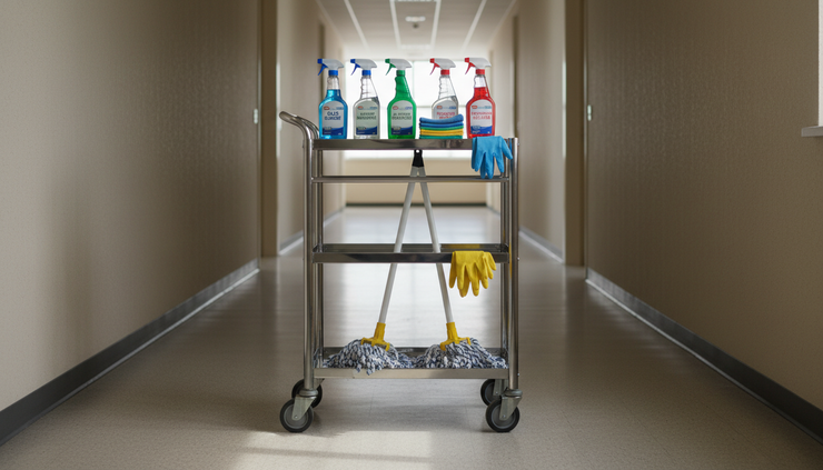 Close-up view of labeled cleaning supplies on a rolling utility cart.