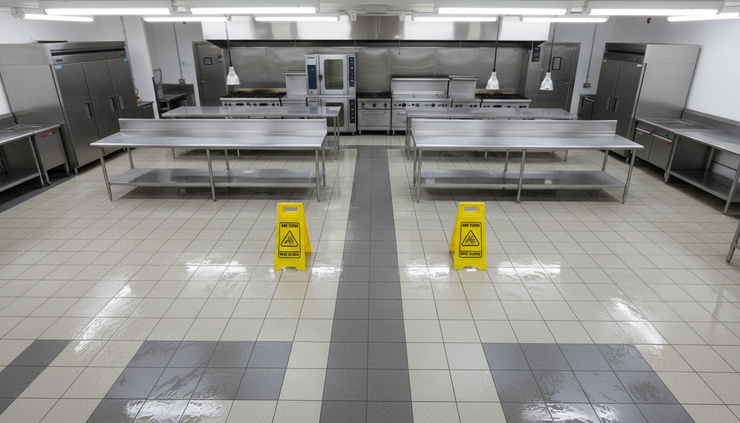 Overhead view of a freshly mopped restaurant kitchen floor with wet floor signs.