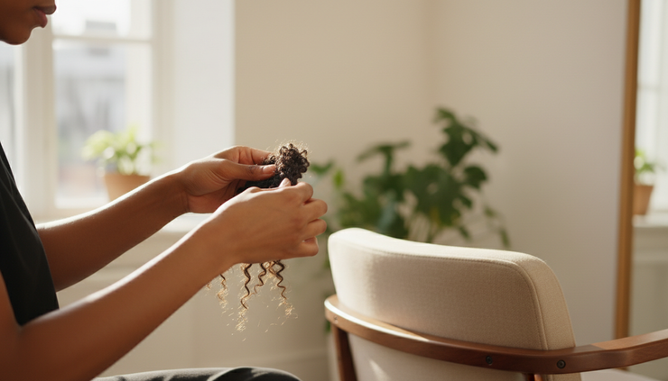 Side view of a stylist palm rolling twists with gentle tension.