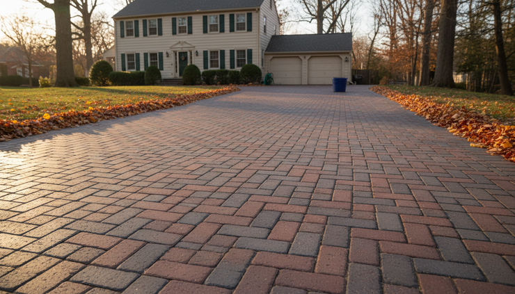 Eye-level view of a paver driveway after autumn leaves have been swept into neat piles along the edge