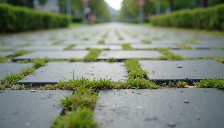 Eye-level view of a stone paver walkway with visible weeds growing between the joints