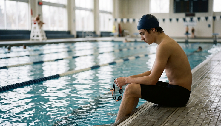 Eye-level view of a swimmer sitting quietly beside a pool before training.