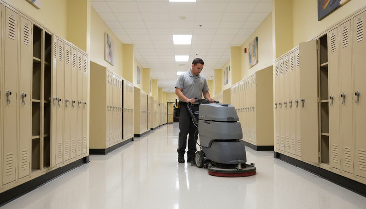 Eye-level view of a janitor cleaning a school hallway floor with a floor machine.
