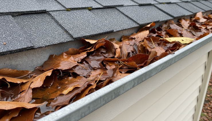 Close-up view of wet leaves packed inside a rain gutter