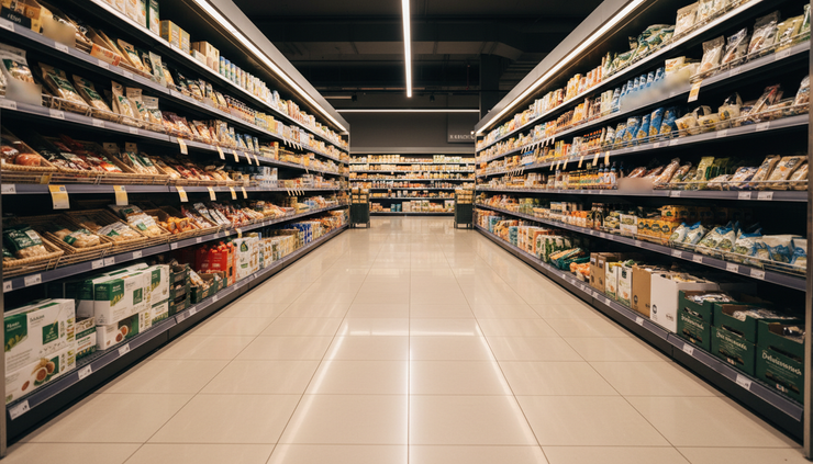 Wide-angle view of a clean grocery aisle with polished floors and stocked shelves.