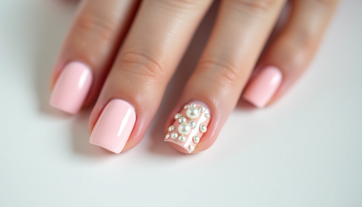 Close-up view of elegant press-on nails with soft pink and pearl accents on a white background