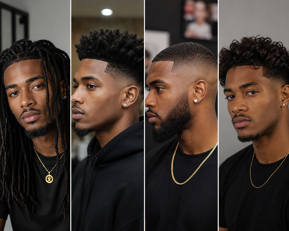 A black-and-white illustrated scene featuring two Black men showcasing different textured hairstyles. One man is wearing a fresh blowout style with natural volume and shape, highlighting the texture and movement of his hair. The second man is wearing long, well-defined dreadlocks that show individuality and personal style. The drawing focuses on men’s grooming, hair artistry, and the importance of understanding different hair textures and styling techniques.