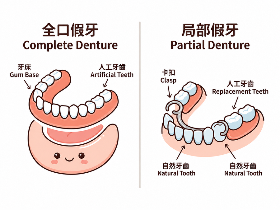 全口假牙(Complete Denture)與局部假牙(Partial Denture)對比圖解:全口假牙顯示牙床及人工牙齒,局部假牙顯示卡扣固定於天然牙上