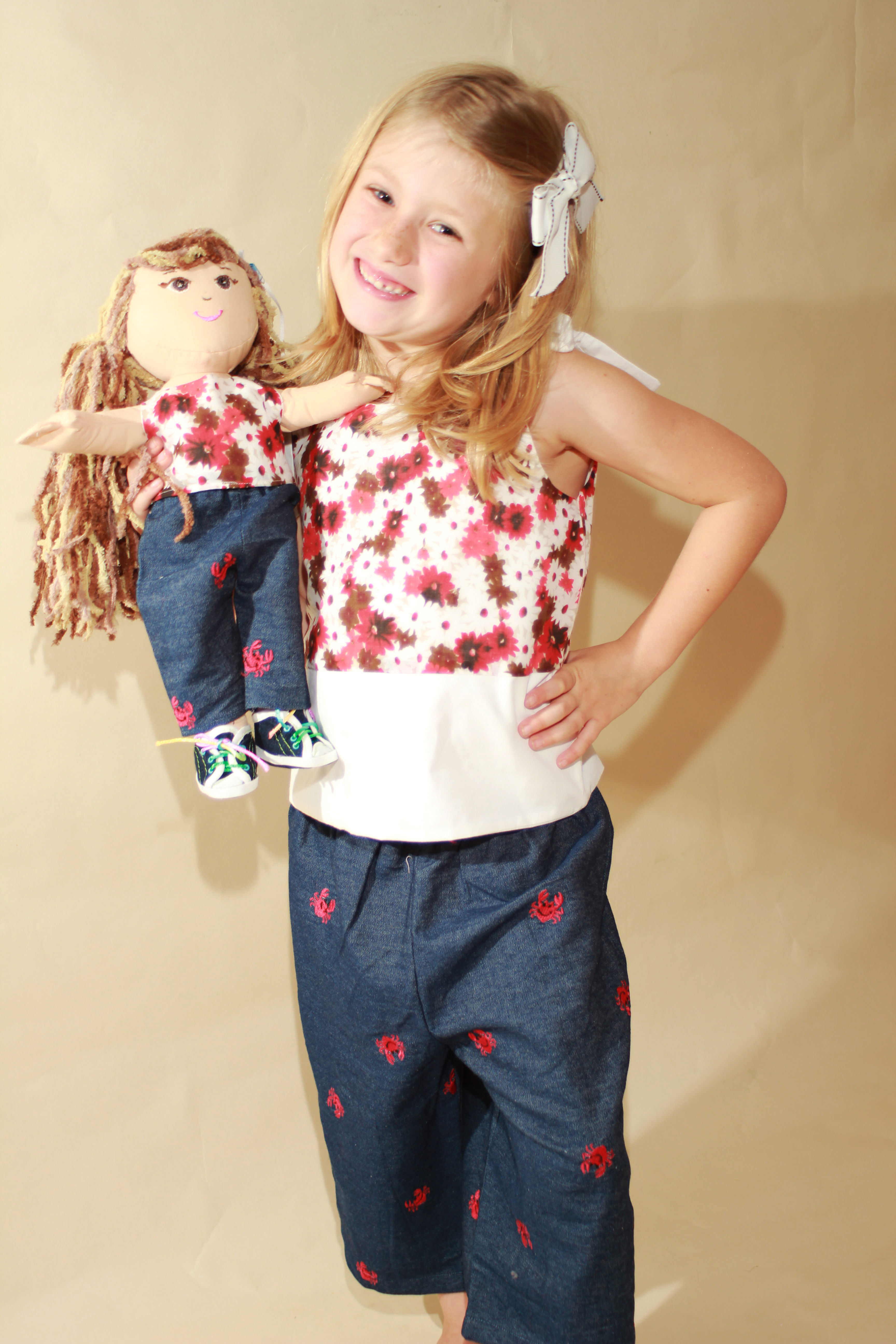 Flower Shirt and Denim Crab Shorts Set with doll outfit