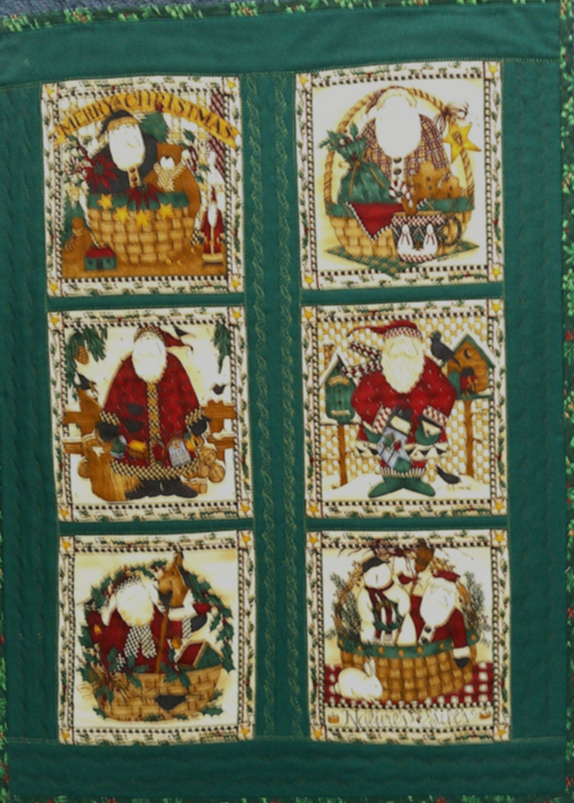 Six Santas Wall Quilt in Green: 17.5x23.5--Emhanced & Pieced Wall Decor
