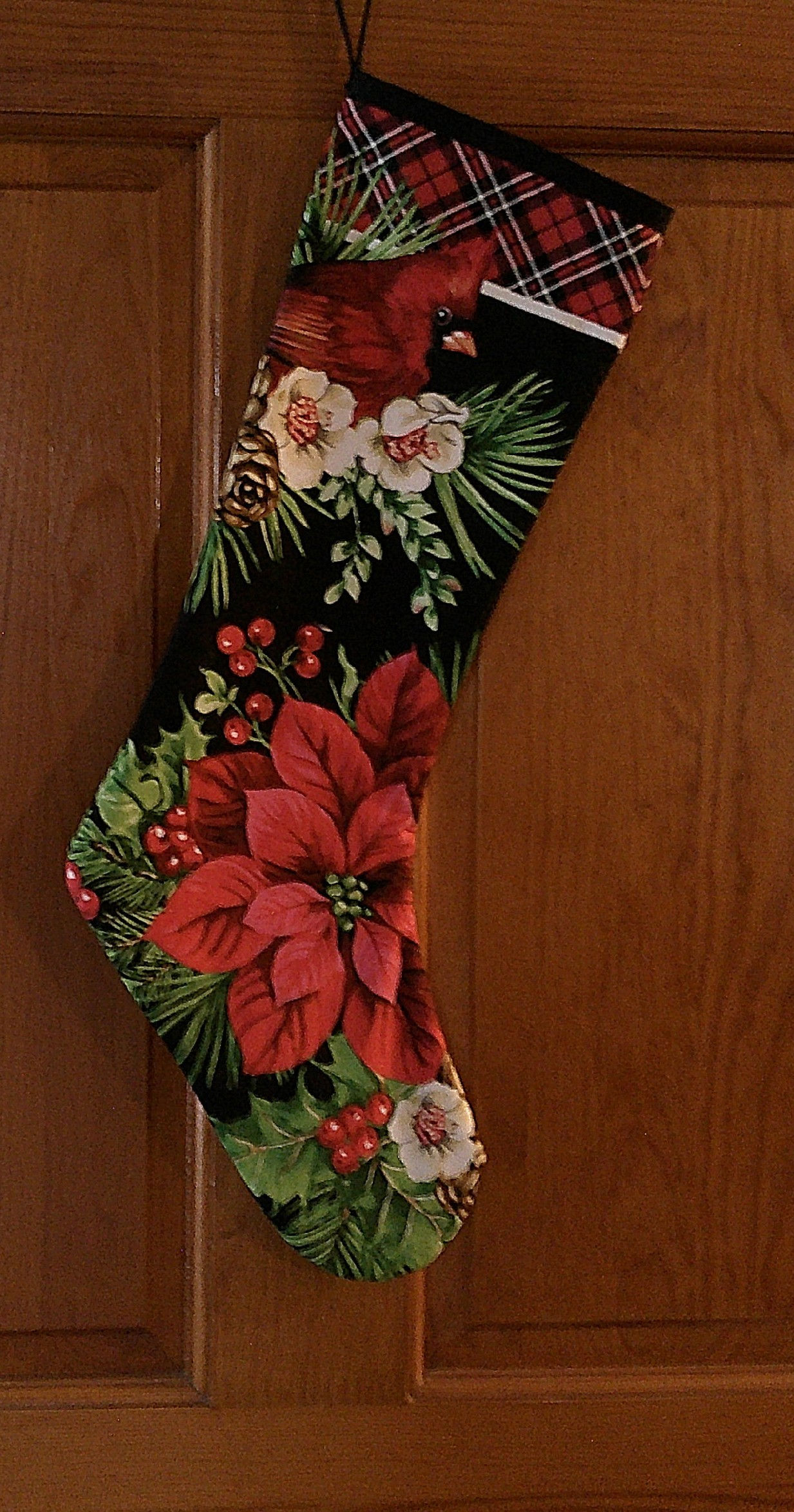 Christmas Stocking: 6x20.5--With Pointsettia & Cardinal on Black background