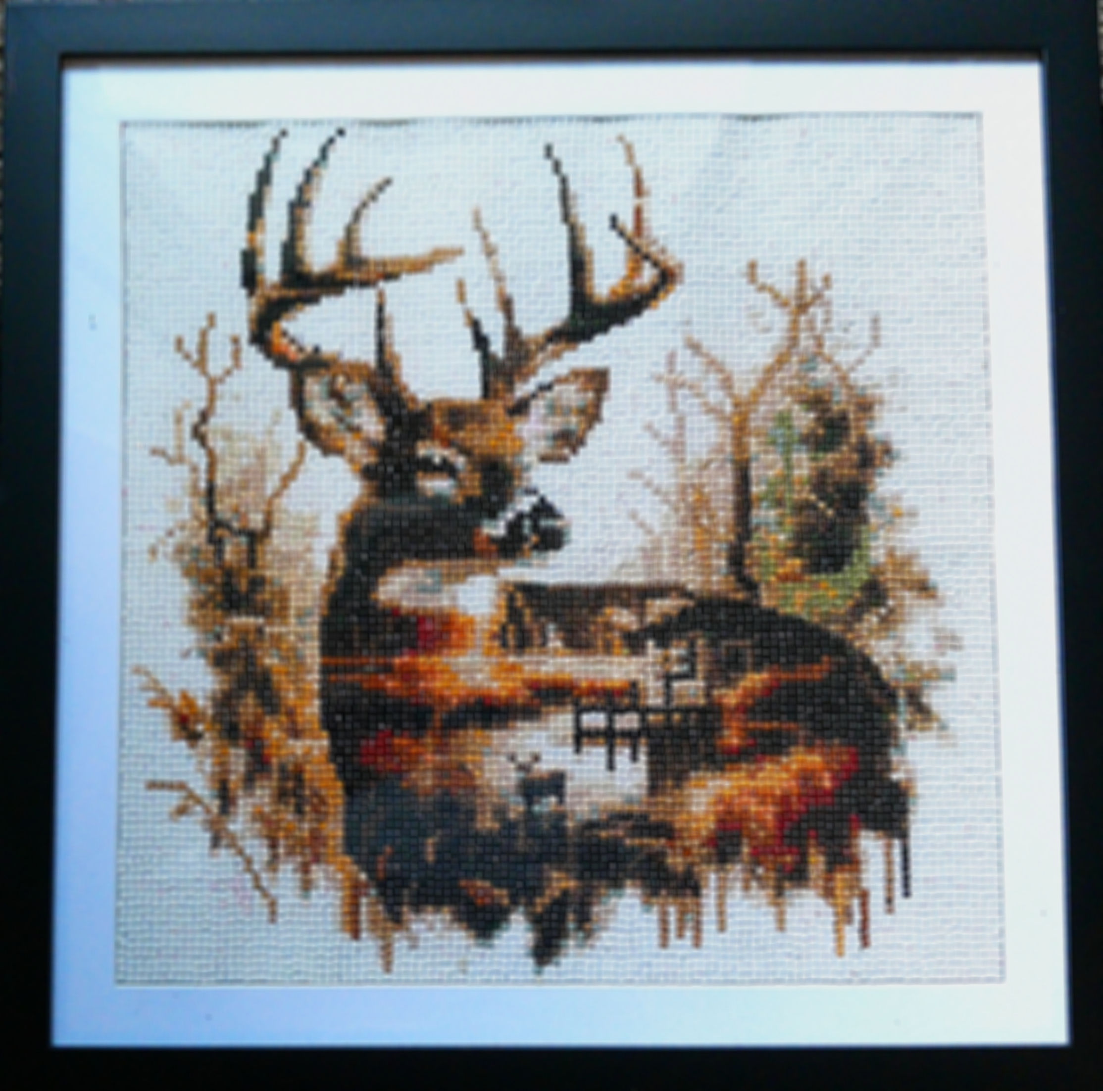 Deer in the Wood Wall Art: 15x15--Handcrafted Framed with Matting Wall Decor