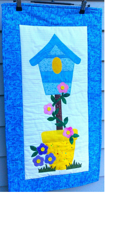 Birdhouse in Flower Pot Wall Quilt: 16x29