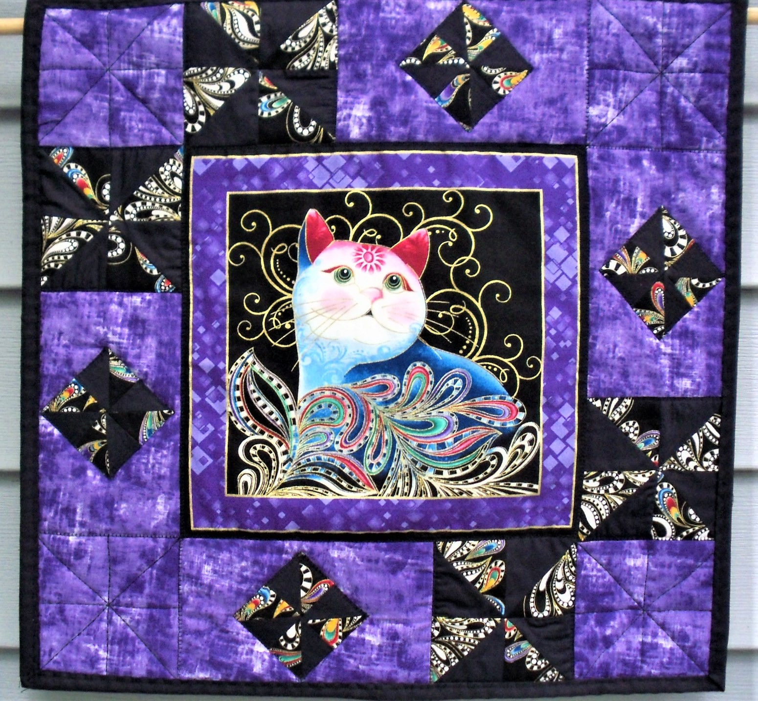 Cat Lover's Wall Quilt: 19x19 inches--Center Panel with Pieced Purple Borders