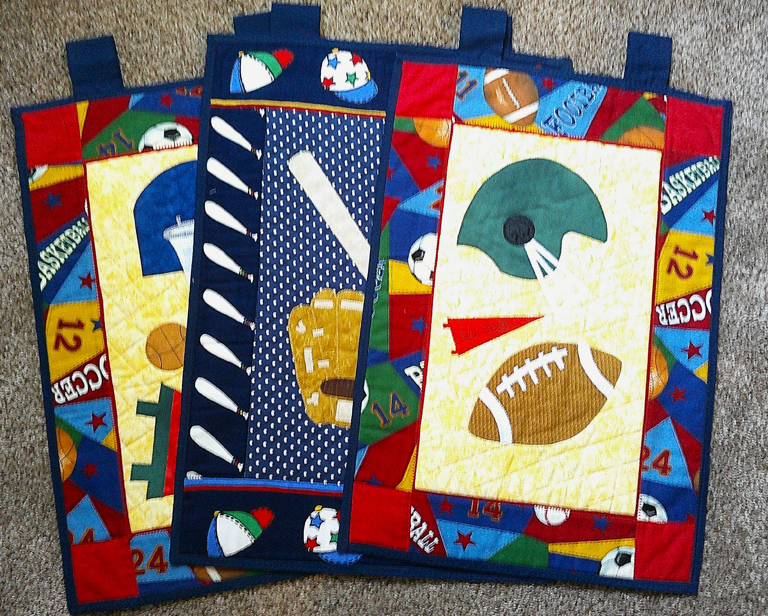 Sports Wall Quilts: Set of 3--13x19 inch each Appliqued & Pieced Wall Decor