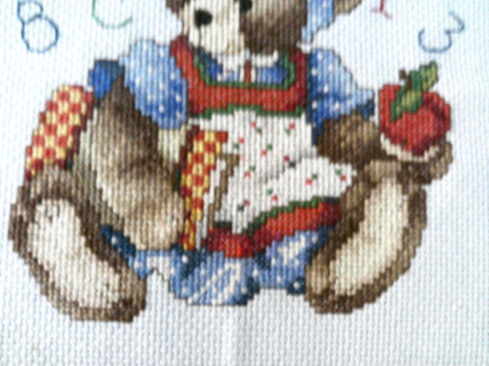 Thumbnail: School Teddy Bear Wall Art: 10x10 inches--Cross-stitched Wall Decor