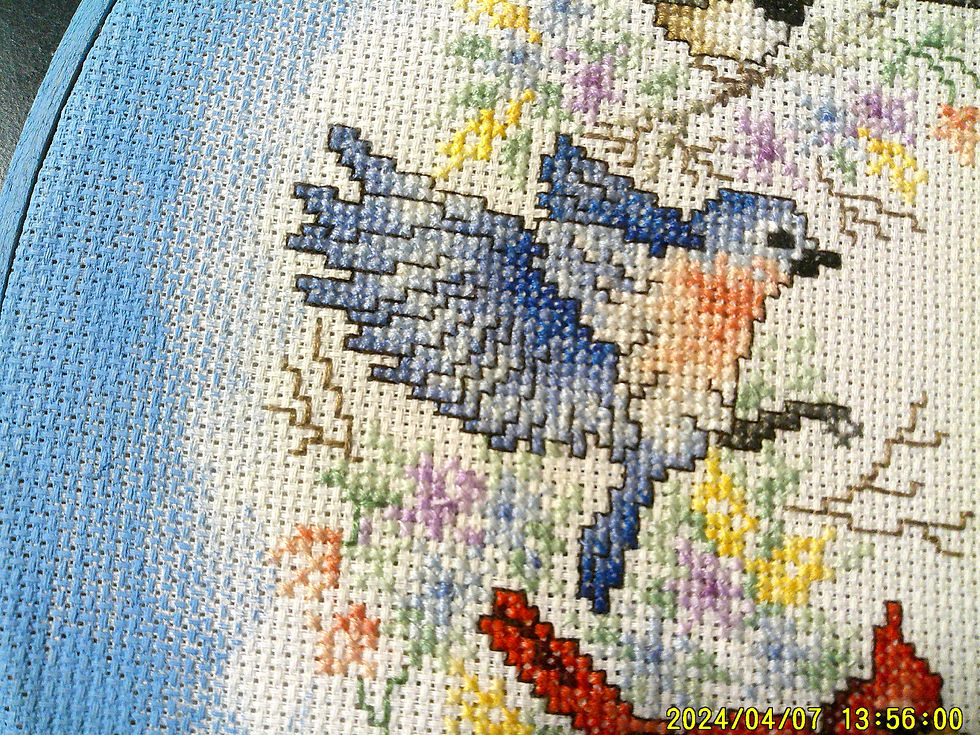 Thumbnail: Hooped Birds Wall Art: 12.5-inch diameter--Handcrafted Cross-stitched Wall Decor
