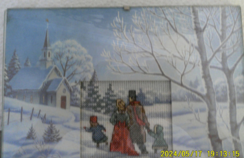 Thumbnail: Family Snow Scene Wall Art: 8.5x8.5 inches--Cross-stitched Wall Decor