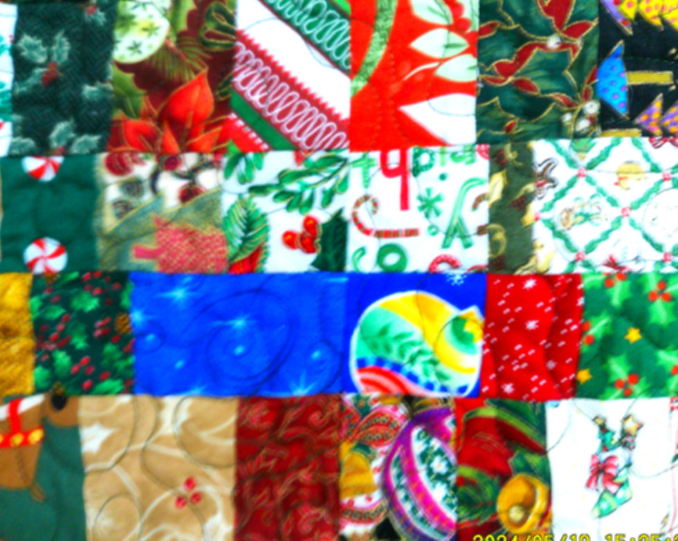 Thumbnail: Christmas Quilt: 53.5x56.5--Pieced Scrappy Homecrafted Bedding