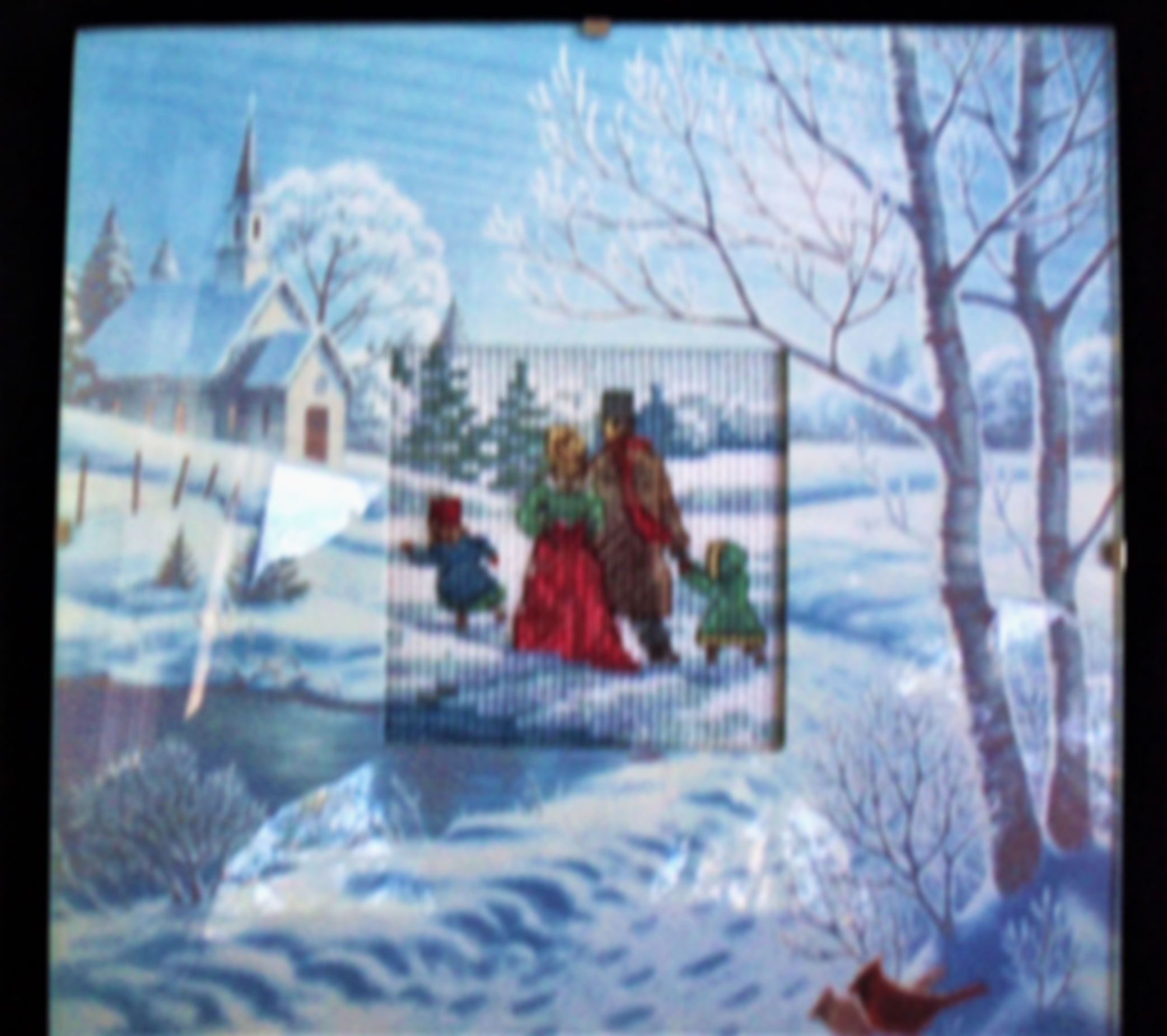 Family Snow Scene Wall Art: 8.5x8.5 inches--Cross-stitched Wall Decor